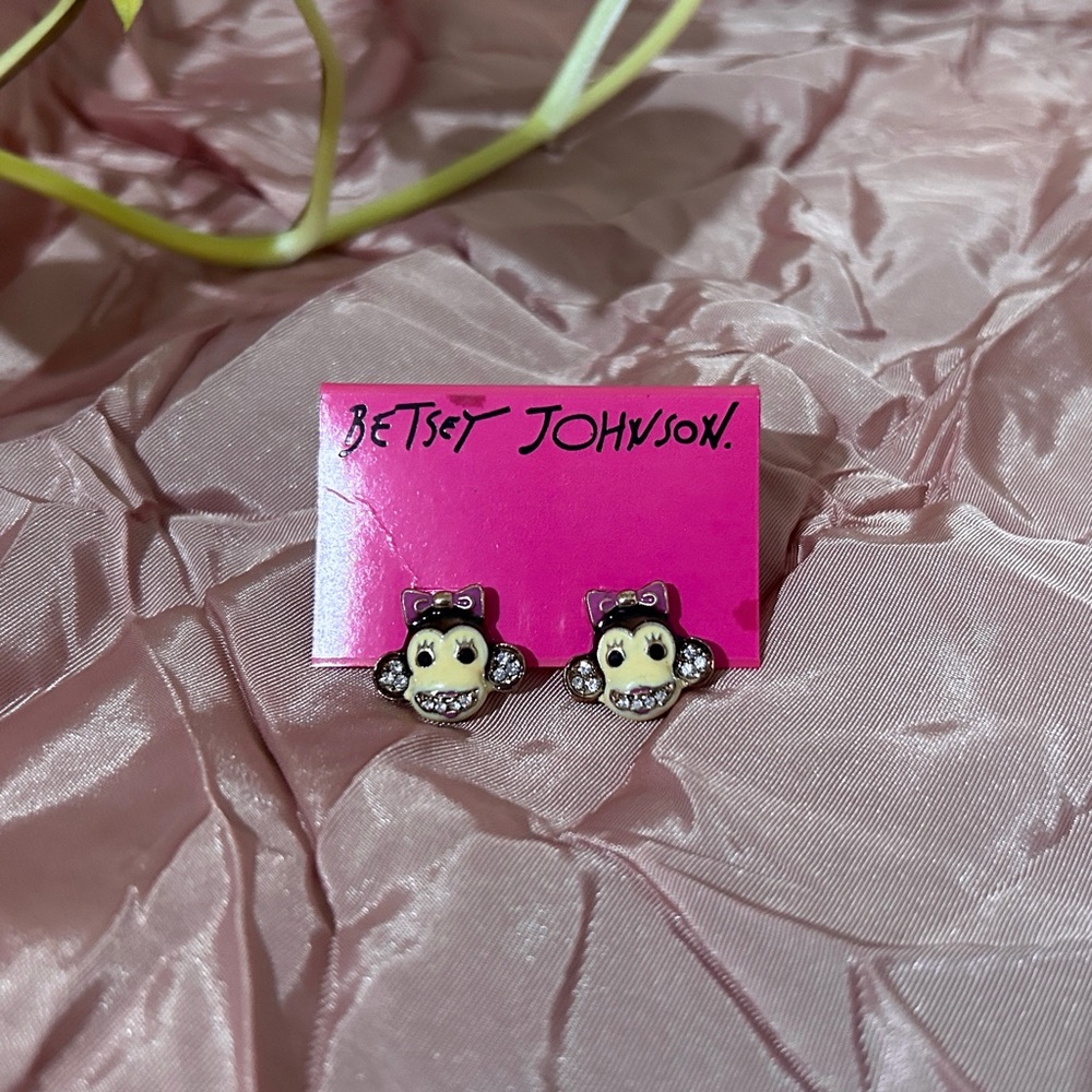 NWT Betsey Johnson Rhinestone Monkey Stud Earrings